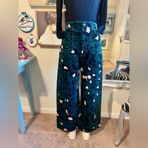 Maeve by Anthropologie Colette Teal leopard print cropped Wide-Leg Pants 28